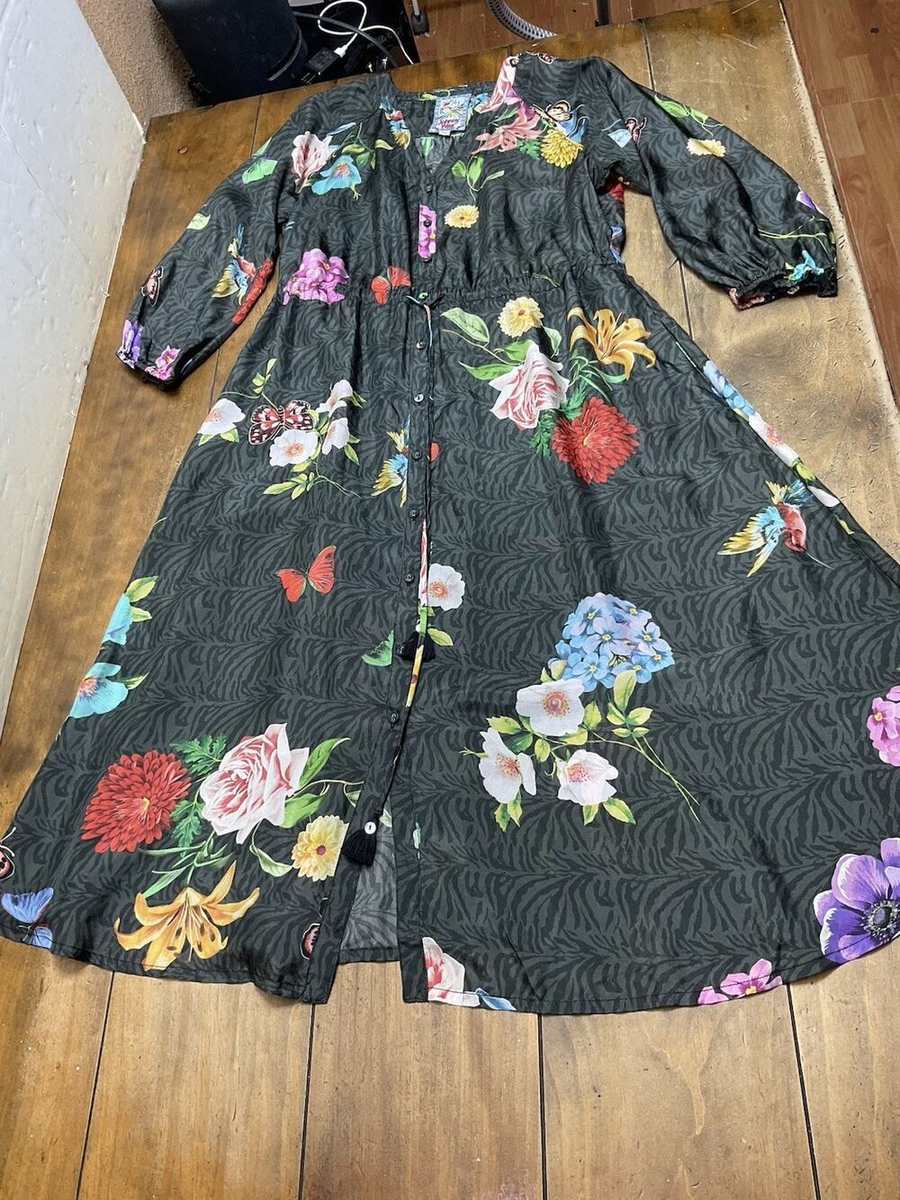 Johnny Was Black Floral Sheer Silk Cover-Up Dress Size Small